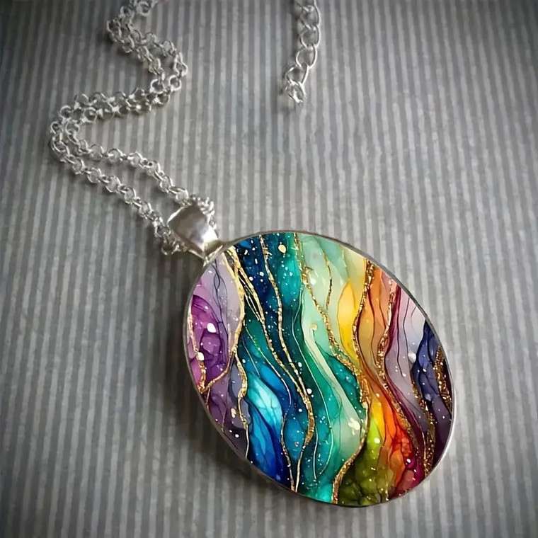 Colorful Oval Pendant Necklaces - Antique Silver