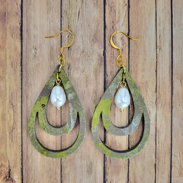 Meadow Pearl Leather Earrings- Handpainted Leather Earrings