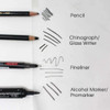 Artway Tracing paper sample showing marks made by four tools: a pencil, a chinagraph/glass writer, a fineliner and an alcohol marker/Promarker, each labelled beside its stroke.