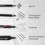 Artway Tracing paper sample showing marks made by four tools: a pencil, a chinagraph/glass writer, a fineliner and an alcohol marker/Promarker, each labelled beside its stroke.