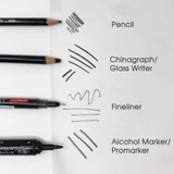 Artway Tracing paper sample showing marks made by four tools: a pencil, a chinagraph/glass writer, a fineliner and an alcohol marker/Promarker, each labelled beside its stroke.