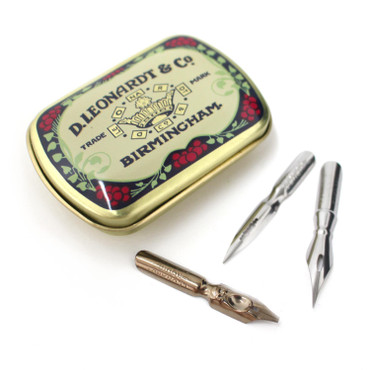 Manuscript Dip/Mapping Pen Nibs x 3 in Leonardt & Co. metal tin - 3 assorted nibs (drawing and sketching) for wooden handle dipping pens in a stylish and useful presentation tin.