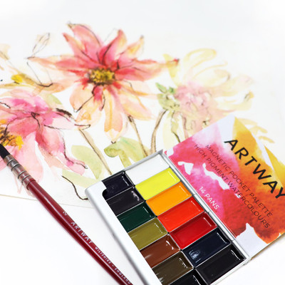 Artway Magnetic Pocket Palette Watercolour Paint Set - High Pigment - 14 Mini Pans - In Use Artway Magnetic Pocket Palette Watercolour Paint Set - High Pigment - 14 Mini Pans - In Use
