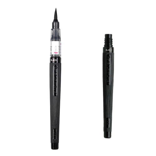 Pentel Colour Brush Pen and Cartridges - Black - Nylon brush tip pen filled with water-based ink.