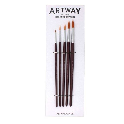 Artway round tip paint brush set x5. Fine point, short handle, synthetic bristle paint brushes in sizes 3/0, 1, 3, 6 & 8. For watercolour and ink but also for oil paint and acrylic use.