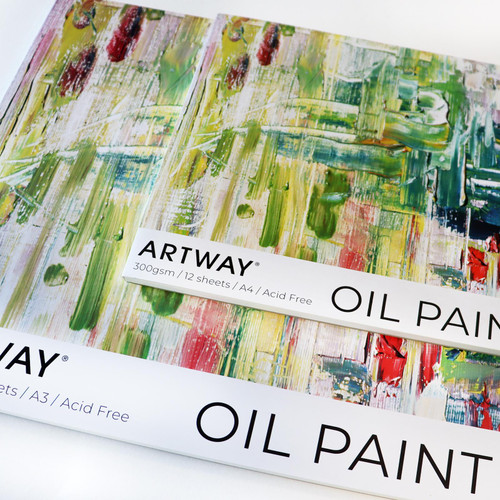Artway Oil Painting Paper Pad in A4 and A3 angled together, showing the 300gsm pre-primed canvas-feel covers.