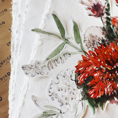Artway Indigo 350gsm Smooth cotton rag paper with a red floral painting