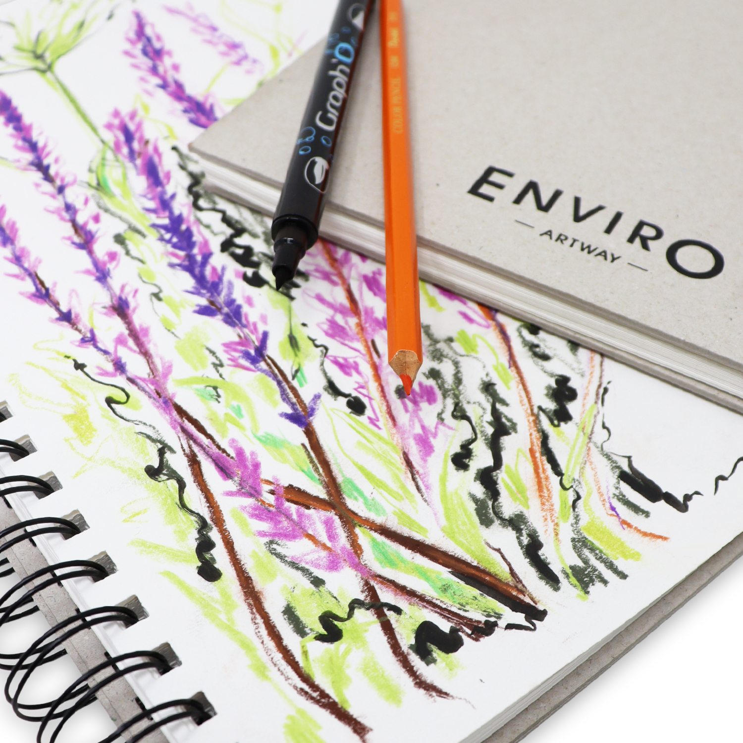 Artway Enviro recycled sketchbook open with lavender drawing, pencil and marker resting on top