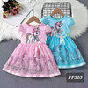 PP305  Rainbow Unicorn cotton blend half sleeve dress with bow and ribbon trimmed skirt