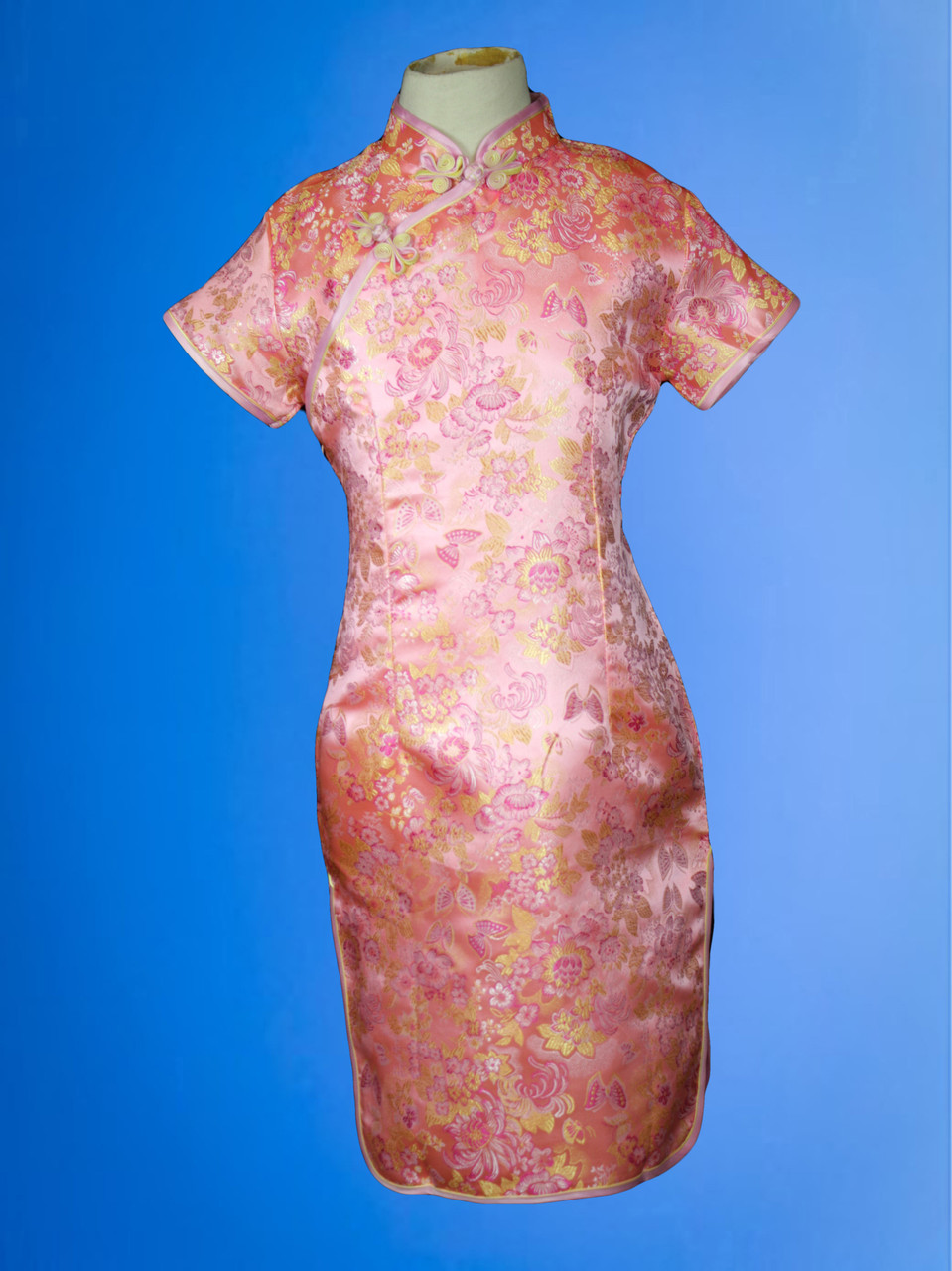 PP138/PP139H Girls Oriental Chinese Cheongsam with pink and yellow lotus  embroidered flowers throughout