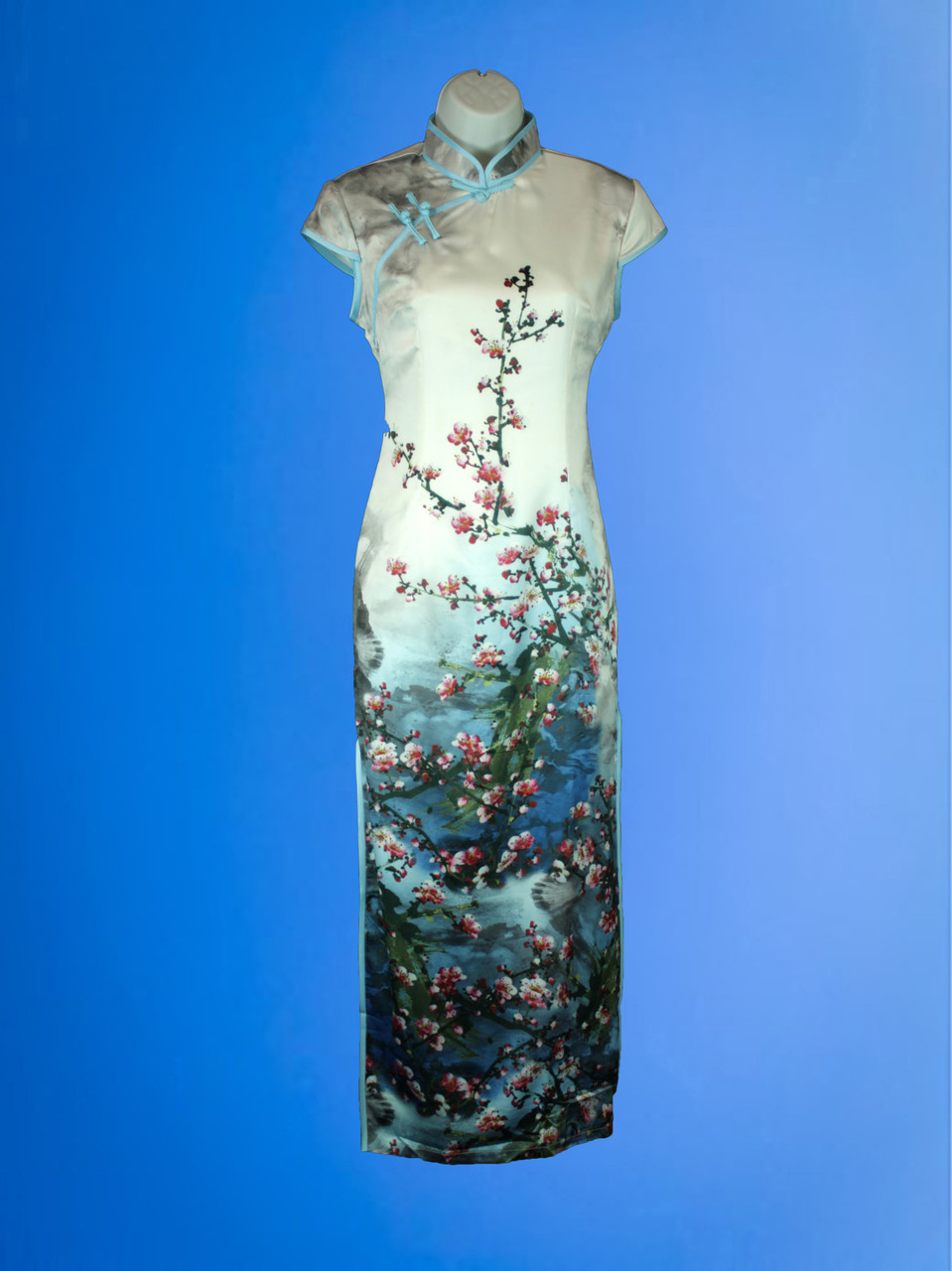NN678B Long Traditional Lady Chinese Silk blend Cheongsam with Cherry  Blossom Blooms - Buu Buu Fashion