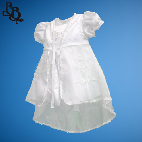 BU164 Short Sleeve White Embroidered Sequin Floral Satin Christening Dress Set