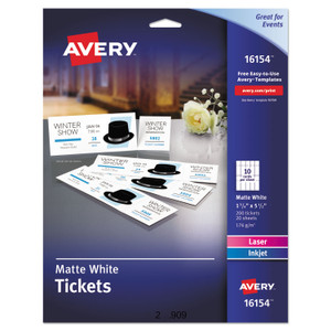 Printable Tickets W/tear-Away Stubs, 97 Bright, 65lb, 8.5 X 11, White, 10 Tickets/sheet, 20 Sheets/pack - AVE16154