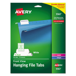 Laser Printable Hanging File Tabs, 1/5-Cut Tabs, White, 2.06" Wide, 90/pack - AVE5567