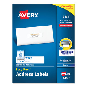Easy Peel White Address Labels W/ Sure Feed Technology, Inkjet Printers, 1 X 4, White, 20/sheet, 100 Sheets/box - AVE8461