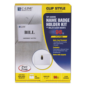 Name Badge Kits, Top Load, 4 X 3, Clear, Clip Style, 96/box - CLI95596