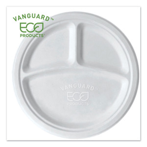 Vanguard Renewable And Compostable Sugarcane Plates, 3-Compartment, 10" Dia, White, 500/carton - ECOEPP007NFA