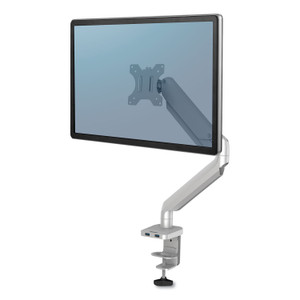 Platinum Series Single Monitor Arm, For 27" Monitors, 360 Deg Rotation, 45 Deg Tilt, 180 Deg Pan, Silver, Supports 20 Lb - FEL8056401