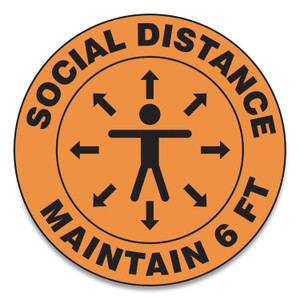 Slip-Gard Social Distance Floor Signs, 17" Circle, "social Distance Maintain 6 Ft", Human/arrows, Orange, 25/pack - GN1MFS382ESP