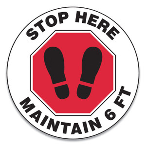 Slip-Gard Social Distance Floor Signs, 12" Circle, "stop Here Maintain 6 Ft", Footprint, Red/white, 25/pack - GN1MFS388ESP