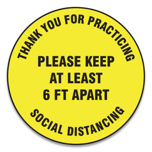 Slip-Gard Floor Signs, 17" Circle,"thank You For Practicing Social Distancing Please Keep At Least 6 Ft Apart", Yellow, 25/pk - GN1MFS427ESP
