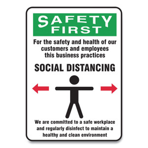 Social Distance Signs, Wall, 7 X 10, Customers And Employees Distancing Clean Environment, Humans/arrows, Green/white, 10/pk - GN1MGNG909VPESP