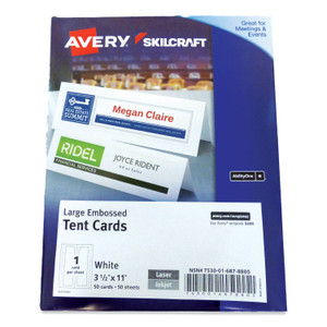 7530016878805 Skilcraft/avery Tent Cards, White, 3.5 X 11, 1 Card/sheet, 50 Sheets/pack - NSN6878805