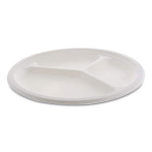 Earthchoice Compostable Fiber-Blend Bagasse Dinnerware, 3-Compartment Plate, 10" Dia, Natural, 500/carton - PCTMC500440002