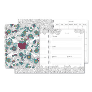 Doodleplan Weekly/monthly Planner, Adult Coloring Botanica Artwork, 11 X 8.5, White/teal/black, 12-Month (jan To Dec): 2022 - REDC291101