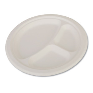 Champware Heavyweight Bagasse Dinnerware, Plate, 3-Compartment, 10" Dia, White, 500/carton - SCH18163