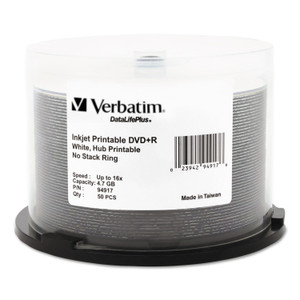 Dvd+r Recordable Disc, 4.7 Gb, 16x, Spindle, Hub Printable, White, 50/pack - VER94917