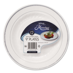 Masterpiece Plastic Dinnerware, 9" Dia, White/silver, 10/pack - WNARSM91210WSPK