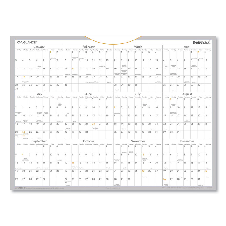 Wallmates Self-Adhesive Dry Erase Yearly Planning Surfaces, 24 X 18, White/gray/orange Sheets, 12-Month (jan To Dec): 2022 - AAGAW506028