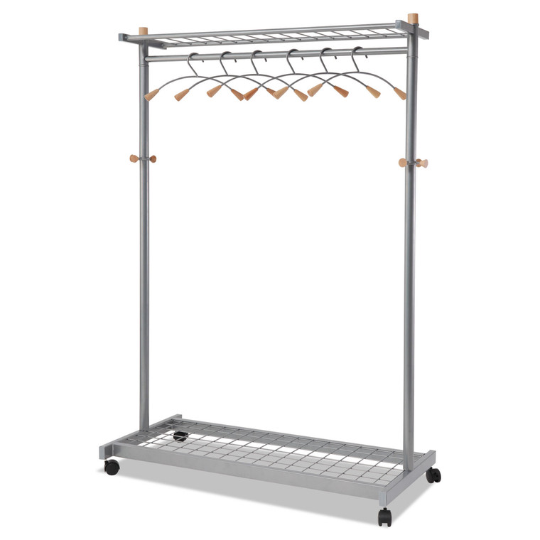 Garment Racks, Two-Sided, 2-Shelf Coat Rack, 6 Hanger/6 Hook, 44.8w X 21.67d X 70.8h, Silver Steel/wood - ABAPMLUX6