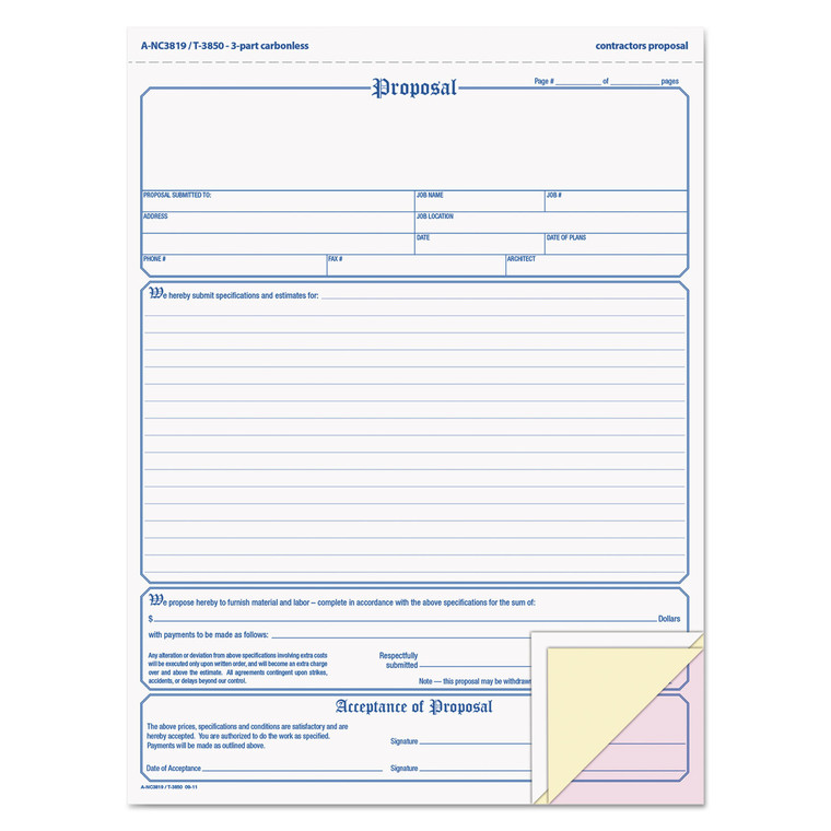 Contractor Proposal Form, Three-Part Carbonless, 8.5 X 11.44, 1/page, 50 Forms - ABFNC3819
