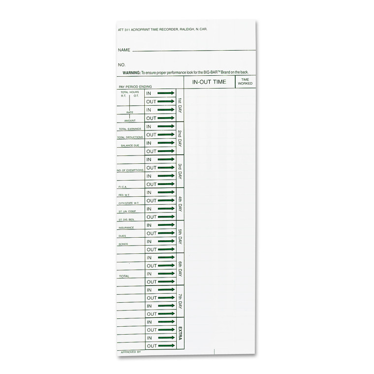 Time Clock Cards For Acroprint Att310, One Side, 4 X 10, 200/pack - ACP096103080