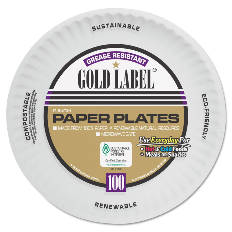 Coated Paper Plates, 9" Dia, White, 100/pack, 12 Packs/carton - AJMCP9GOAWH