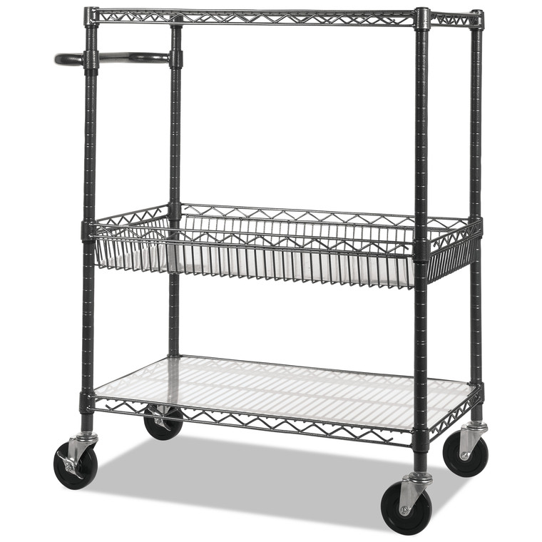 Three-Tier Wire Cart With Basket, 34w X 18d X 40h, Black Anthracite - ALESW543018BA