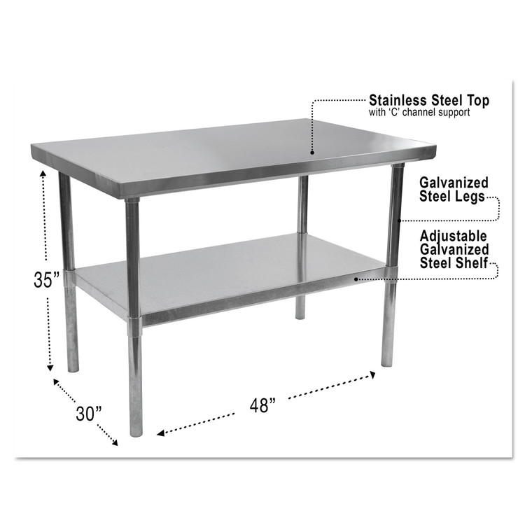 Nsf Approved Stainless Steel Foodservice Prep Table, 48 X 30 X 35h, Silver - ALEXS4830