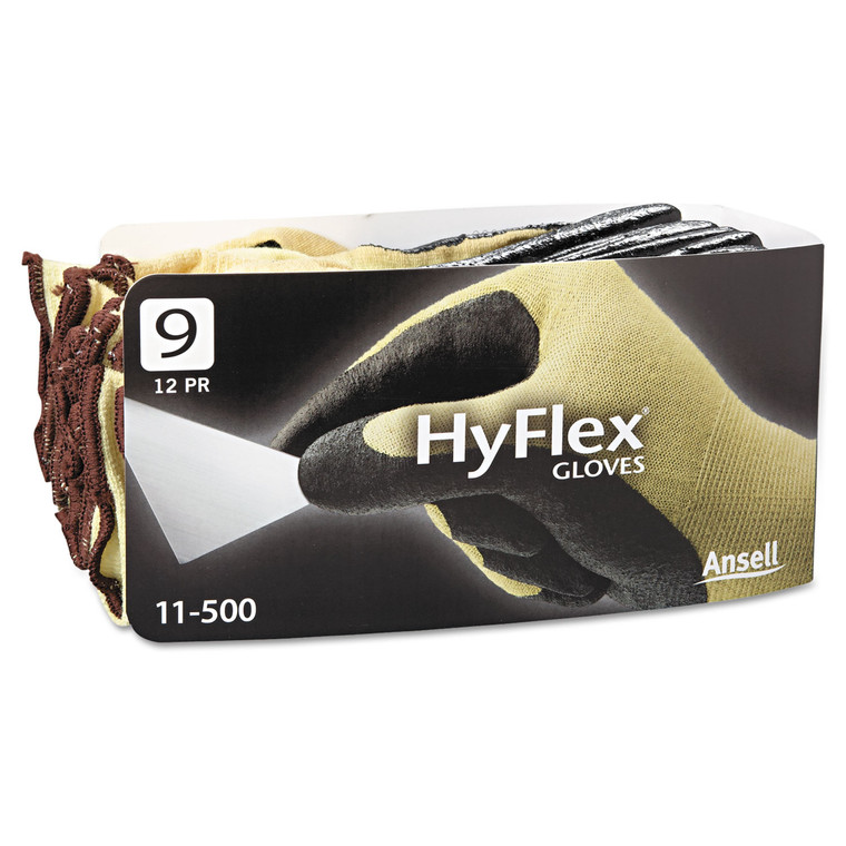 Hyflex Ultra Lightweight Assembly Gloves, Black/yellow, Size 9, 12 Pairs - ANS115009