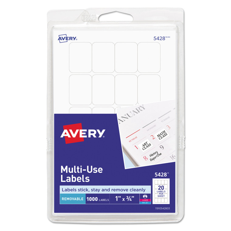 Removable Multi-Use Labels, Inkjet/laser Printers, 1 X 0.75, White, 20/sheet, 50 Sheets/pack, (5428) - AVE05428