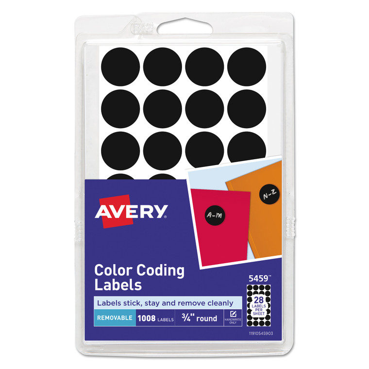 Handwrite Only Self-Adhesive Removable Round Color-Coding Labels, 0.75" Dia., Black, 28/sheet, 36 Sheets/pack, (5459) - AVE05459