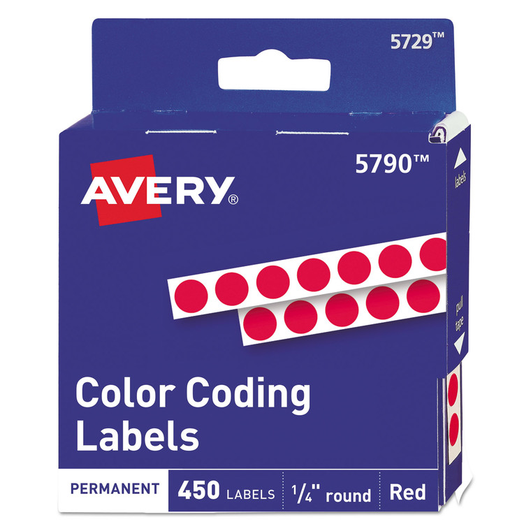 Handwrite-Only Permanent Self-Adhesive Round Color-Coding Labels In Dispensers, 0.25" Dia., Red, 450/roll, (5790) - AVE05790