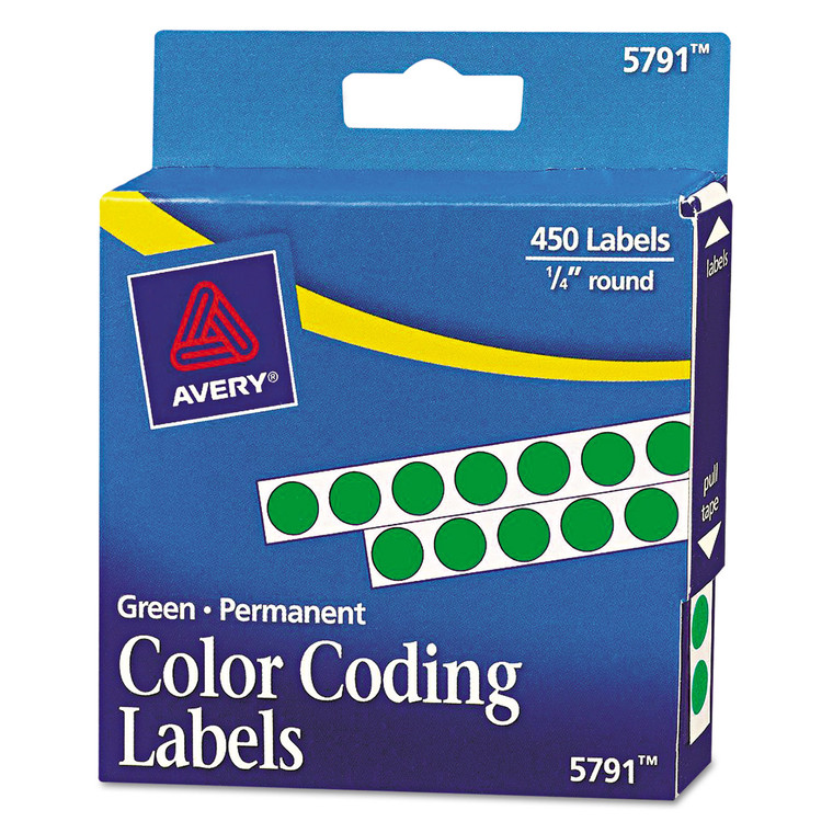 Handwrite-Only Permanent Self-Adhesive Round Color-Coding Labels In Dispensers, 0.25" Dia., Green, 450/roll, (5791) - AVE05791