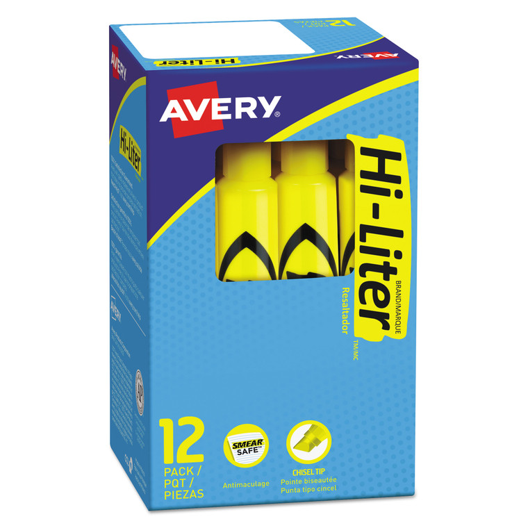 Hi-Liter Desk-Style Highlighters, Yellow Ink, Chisel Tip, Yellow/black Barrel, Dozen - AVE07742