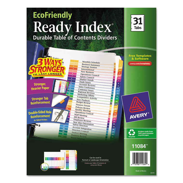 Customizable Table Of Contents Ready Index Dividers With Multicolor Tabs, 31-Tab, 1 To 31, 11 X 8.5, White, 1 Set - AVE11084