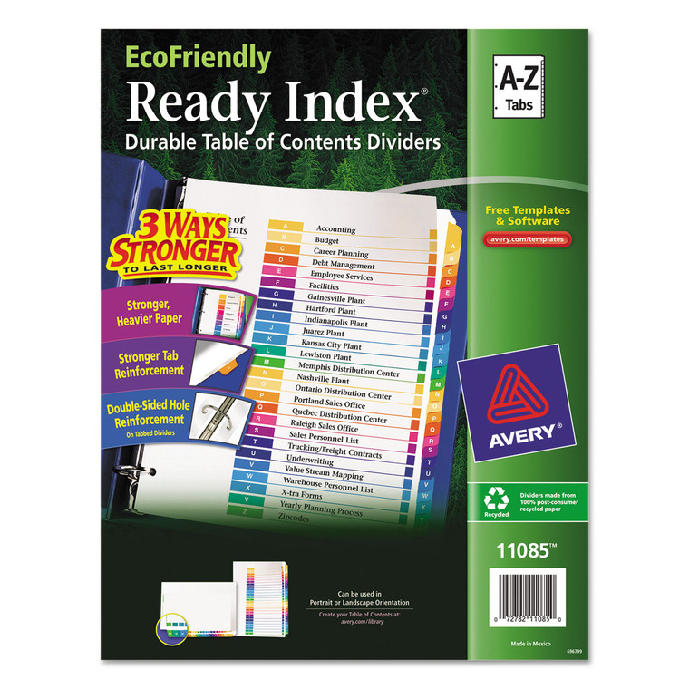 Customizable Table Of Contents Ready Index Dividers With Multicolor Tabs, 26-Tab, A To Z, 11 X 8.5, White, 1 Set - AVE11085