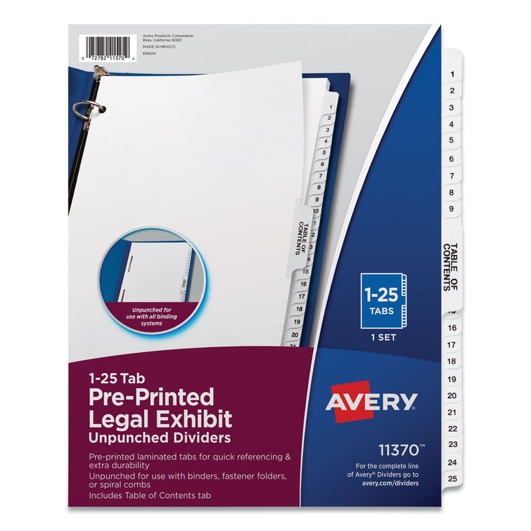 Preprinted Legal Exhibit Side Tab Index Dividers, Avery Style, 25-Tab, 1 To 25, 11 X 8.5, White, 1 Set - AVE11370