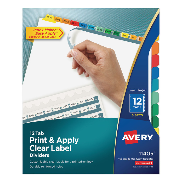 Print And Apply Index Maker Clear Label Dividers, 12 Color Tabs, Letter, 5 Sets - AVE11405