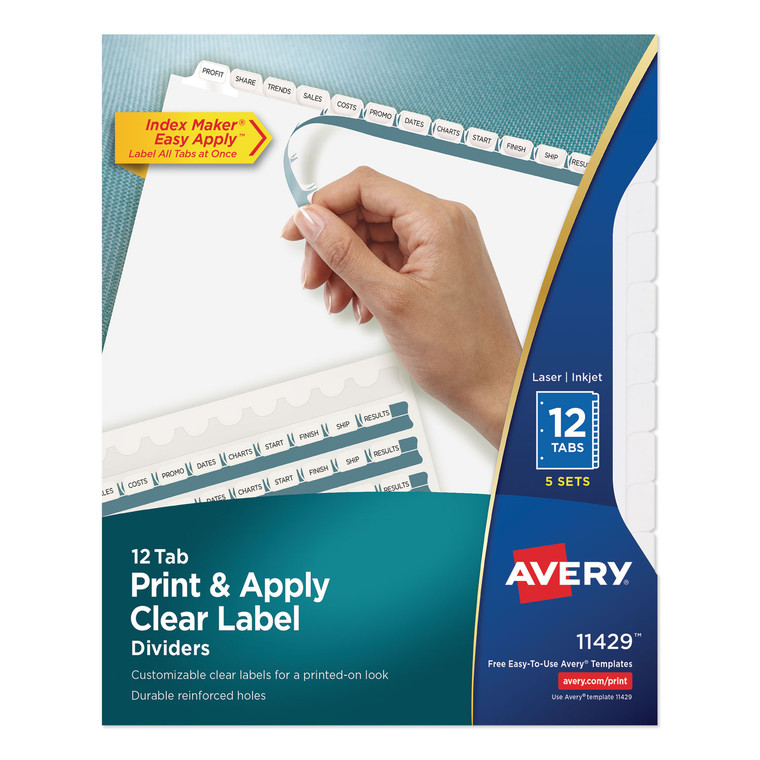 Print And Apply Index Maker Clear Label Dividers, 12 White Tabs, Letter, 5 Sets - AVE11429